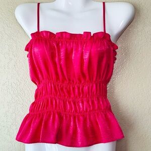 Anthropologie Everly Hot Pink Ruched Spaghetti Strap Coquette Crop Top Size L